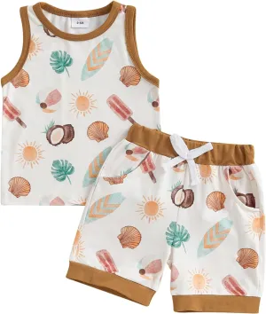 2Pcs Baby Boy Summer Outfits Sleeveless Sailboat Print Tank Tops   Pocket Shorts Set Toddler Clothes