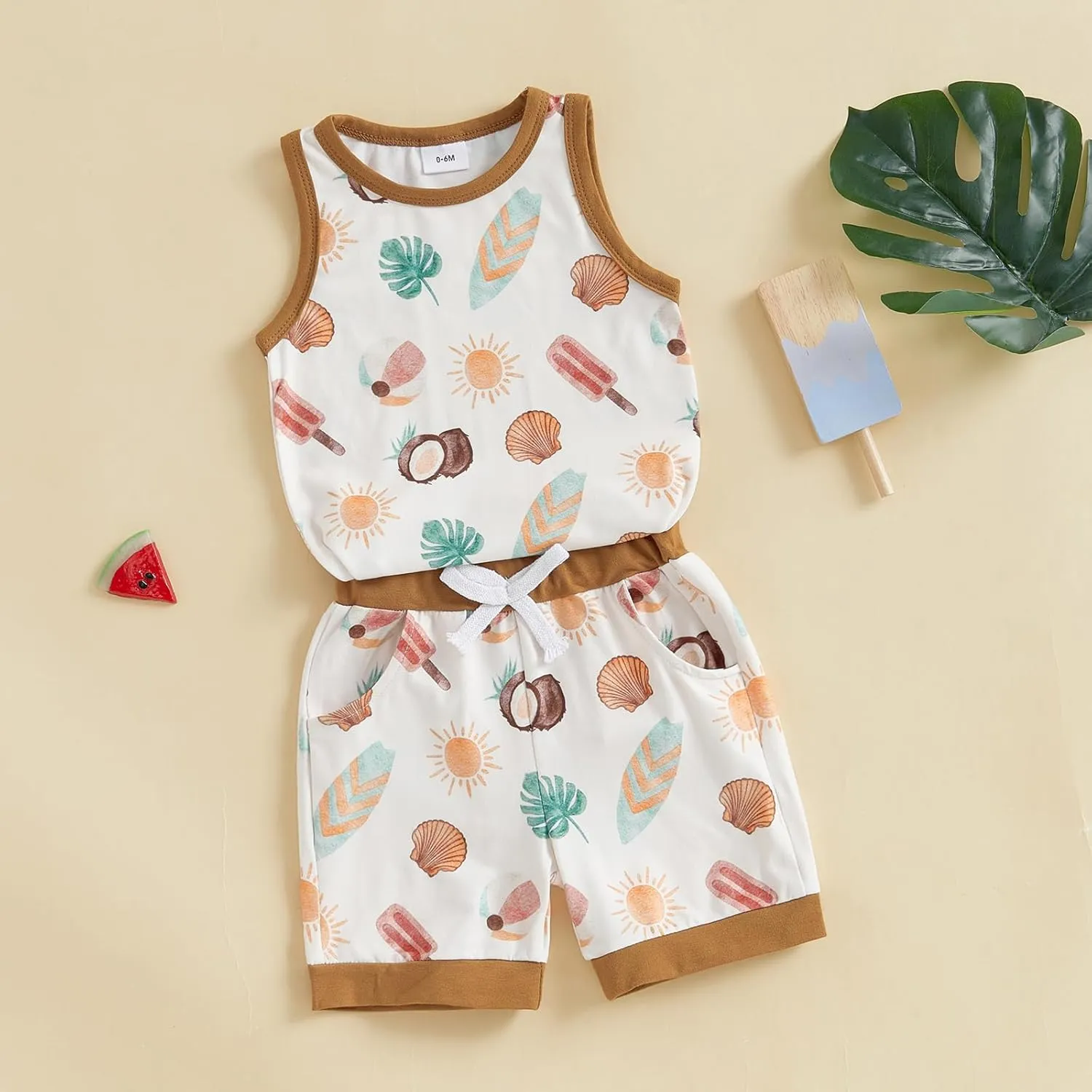 2Pcs Baby Boy Summer Outfits Sleeveless Sailboat Print Tank Tops   Pocket Shorts Set Toddler Clothes