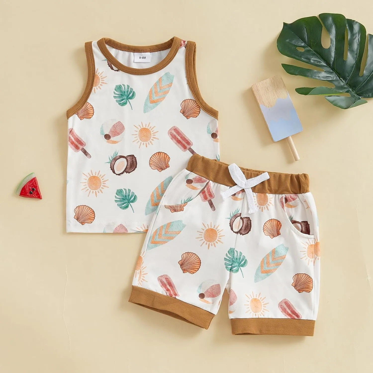 2Pcs Baby Boy Summer Outfits Sleeveless Sailboat Print Tank Tops   Pocket Shorts Set Toddler Clothes