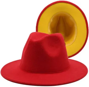 36 Color Double Woolen Felt Hat, European and American Fashion Double-Sided Color Matching Hat, Men and Women Flat Brim Jazz Hat Fengyan Cowboy Hats (Color : Red Yellow, Size : Medium)