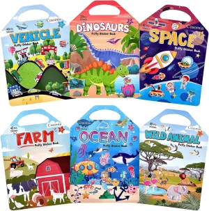 6 Set Puffy Sticker Books Activity for Kids, Animal, Farm, Dinosaurs, Space, Vehicle, Ocean, 3D Reusable Stickers for Boys and Girls, Travel Sticker Books for Kids Ages 3 