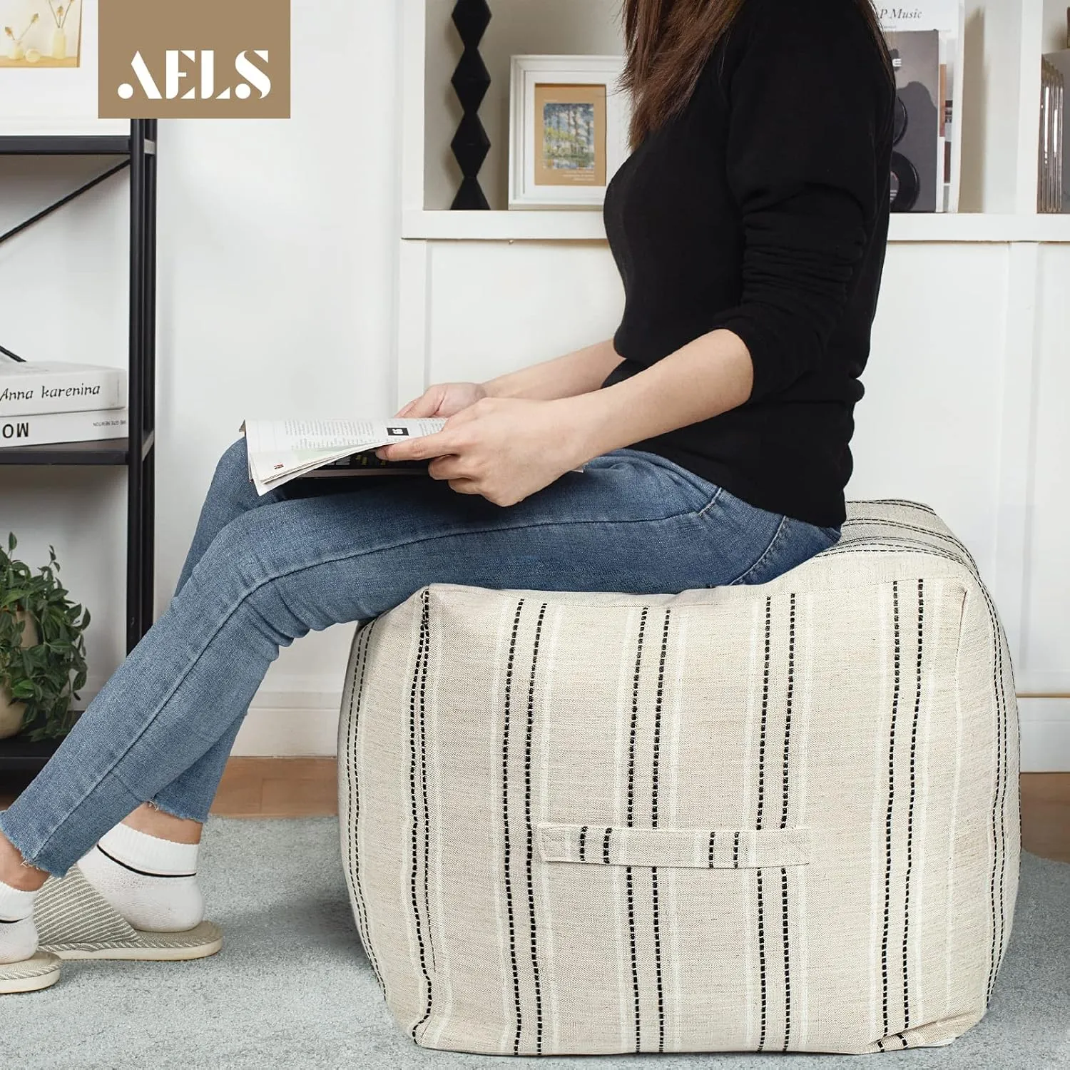 AELS Unstuffed Farmhouse Pouf Cover for Living Room, Boho Storage Bean Bag Cubes, Beige with Black Stitch Yarn Dyed Stripe Linen Square Ottoman Pouf Foot Rest Footstool, 18"x18"x18", Cover ONLY