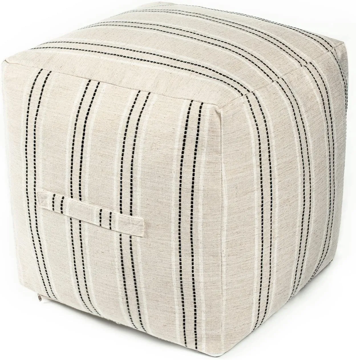 AELS Unstuffed Farmhouse Pouf Cover for Living Room, Boho Storage Bean Bag Cubes, Beige with Black Stitch Yarn Dyed Stripe Linen Square Ottoman Pouf Foot Rest Footstool, 18"x18"x18", Cover ONLY