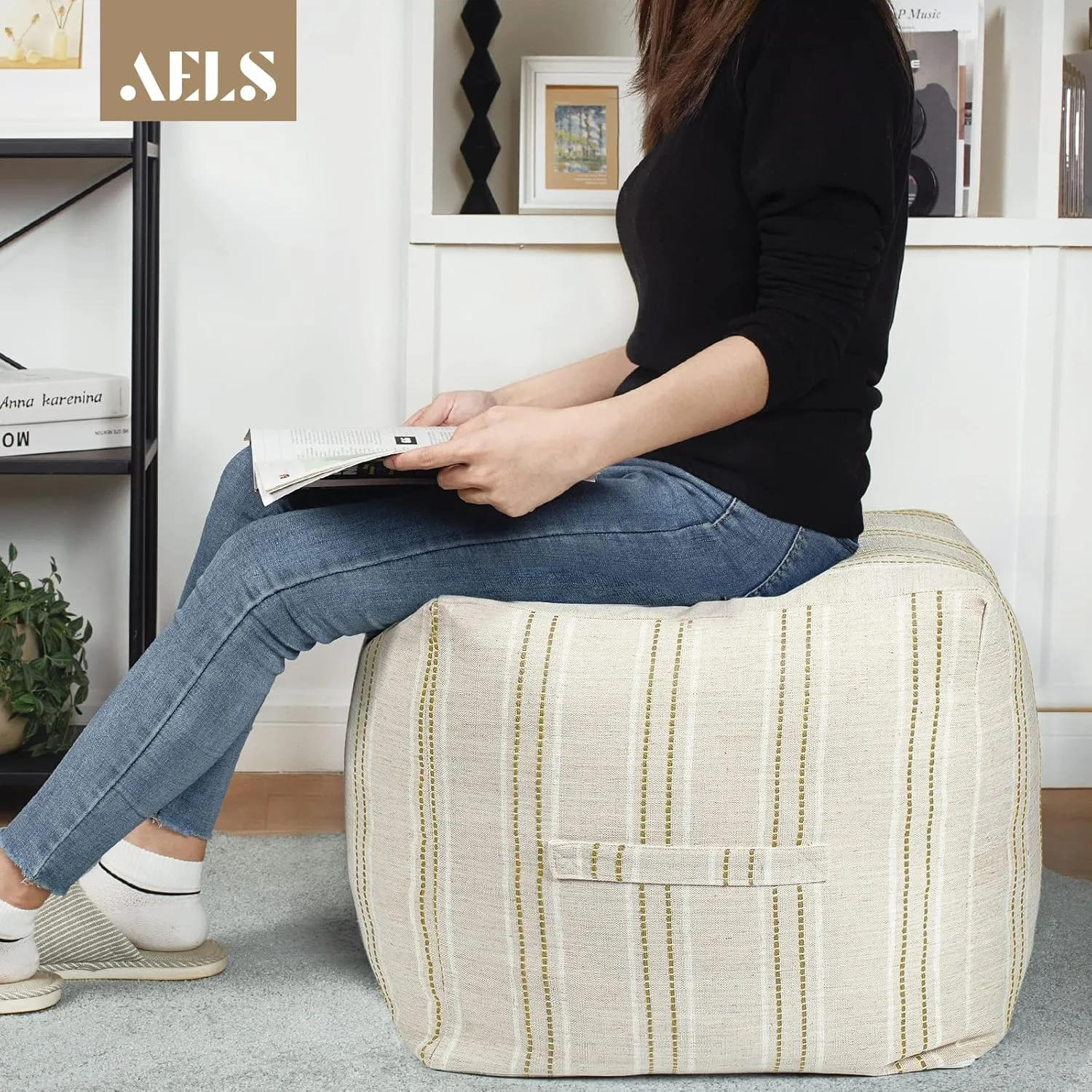 AELS Unstuffed Farmhouse Pouf Cover for Living Room, Boho Storage Bean Bag Cubes, Beige with Brown Stitch Yarn Dyed Stripe Linen Square Ottoman Pouf Foot Rest Footstool, 18"x18"x18", Cover ONLY