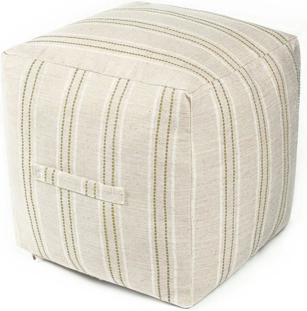 AELS Unstuffed Farmhouse Pouf Cover for Living Room, Boho Storage Bean Bag Cubes, Beige with Brown Stitch Yarn Dyed Stripe Linen Square Ottoman Pouf Foot Rest Footstool, 18"x18"x18", Cover ONLY