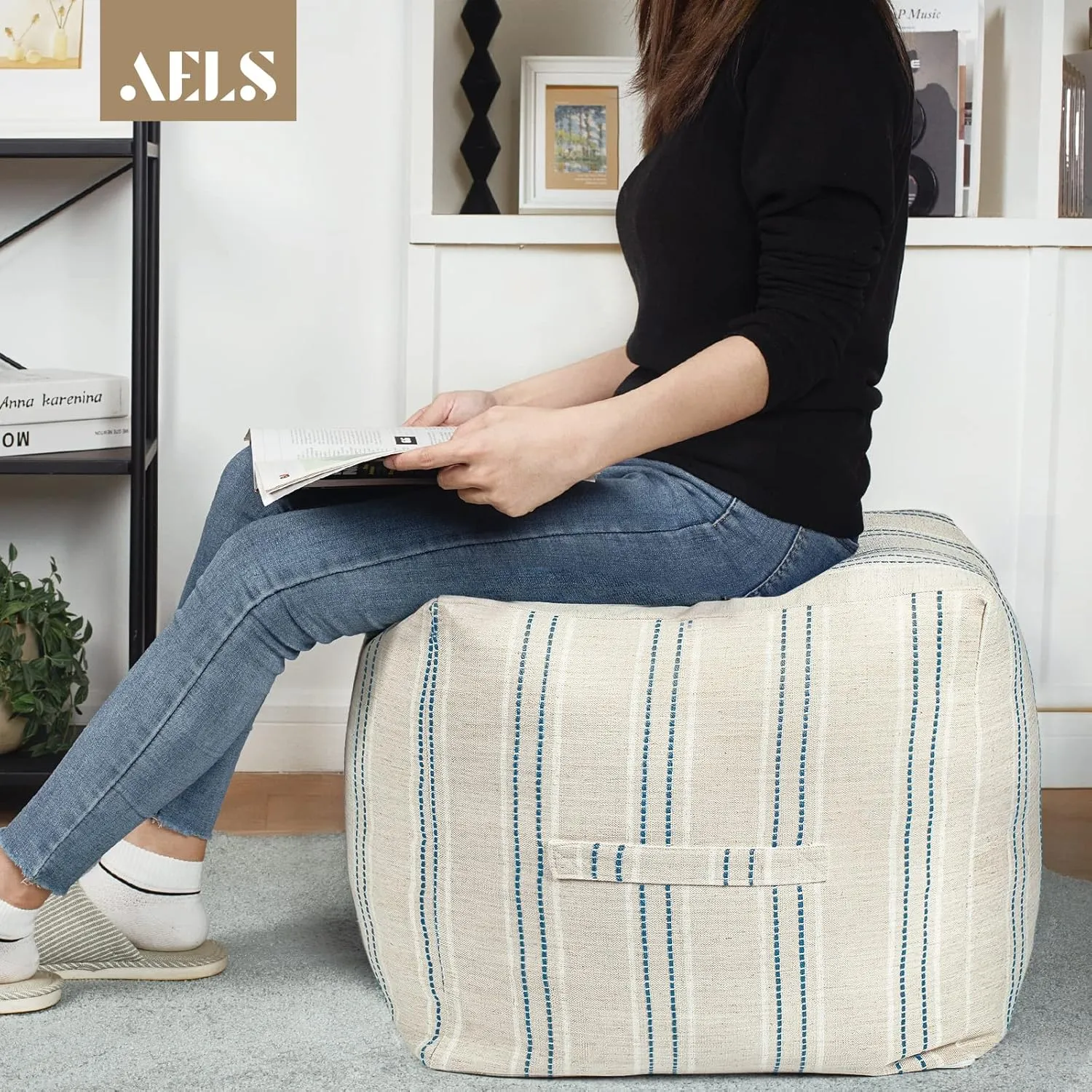 AELS Unstuffed Farmhouse Pouf Cover for Living Room, Boho Storage Bean Bag Cubes, Beige with Navy Blue Stitch Yarn Dyed Stripe Linen Square Ottoman Pouf Foot Rest Footstool, 18"x18"x18", Cover ONLY