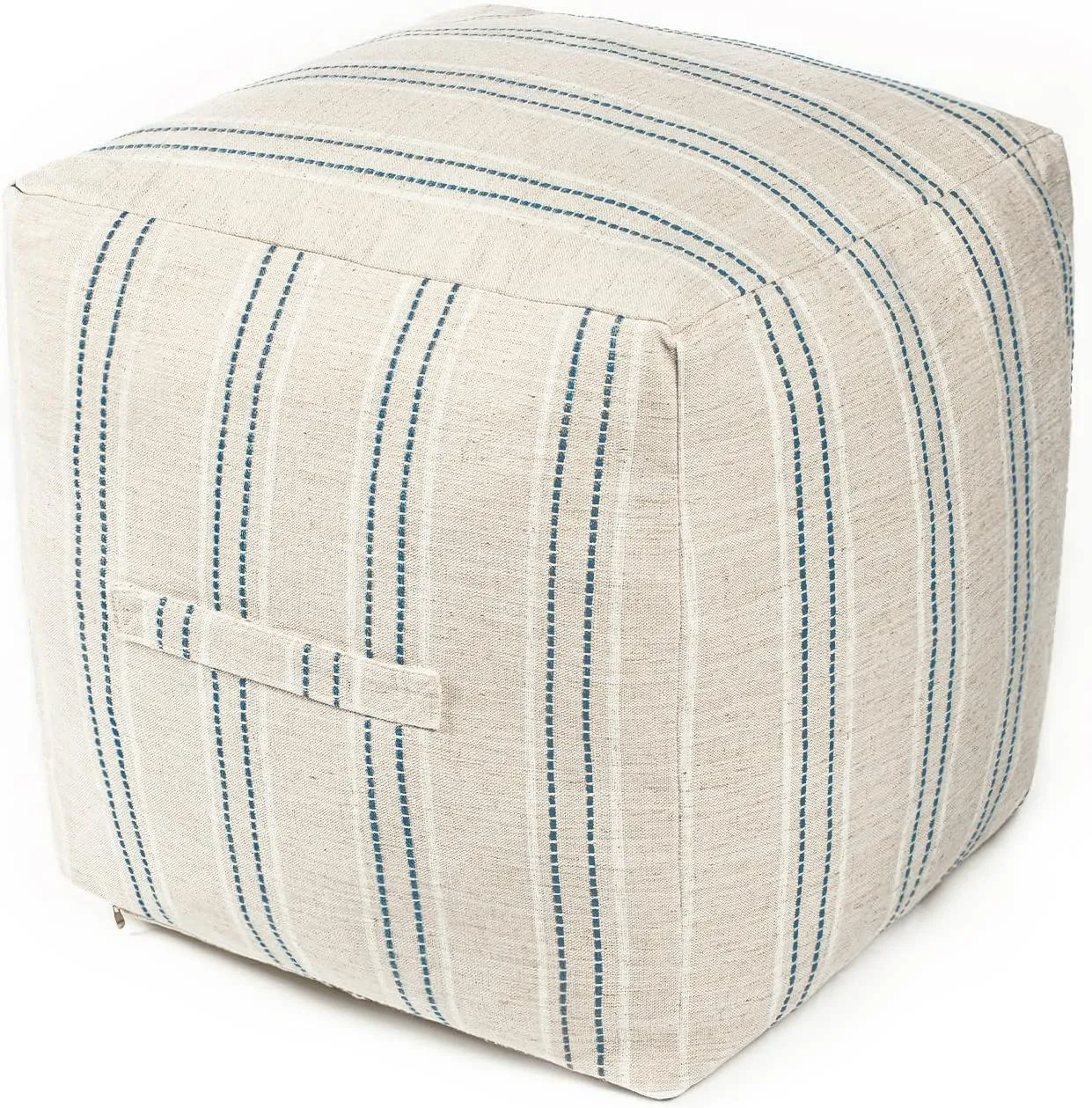 AELS Unstuffed Farmhouse Pouf Cover for Living Room, Boho Storage Bean Bag Cubes, Beige with Navy Blue Stitch Yarn Dyed Stripe Linen Square Ottoman Pouf Foot Rest Footstool, 18"x18"x18", Cover ONLY