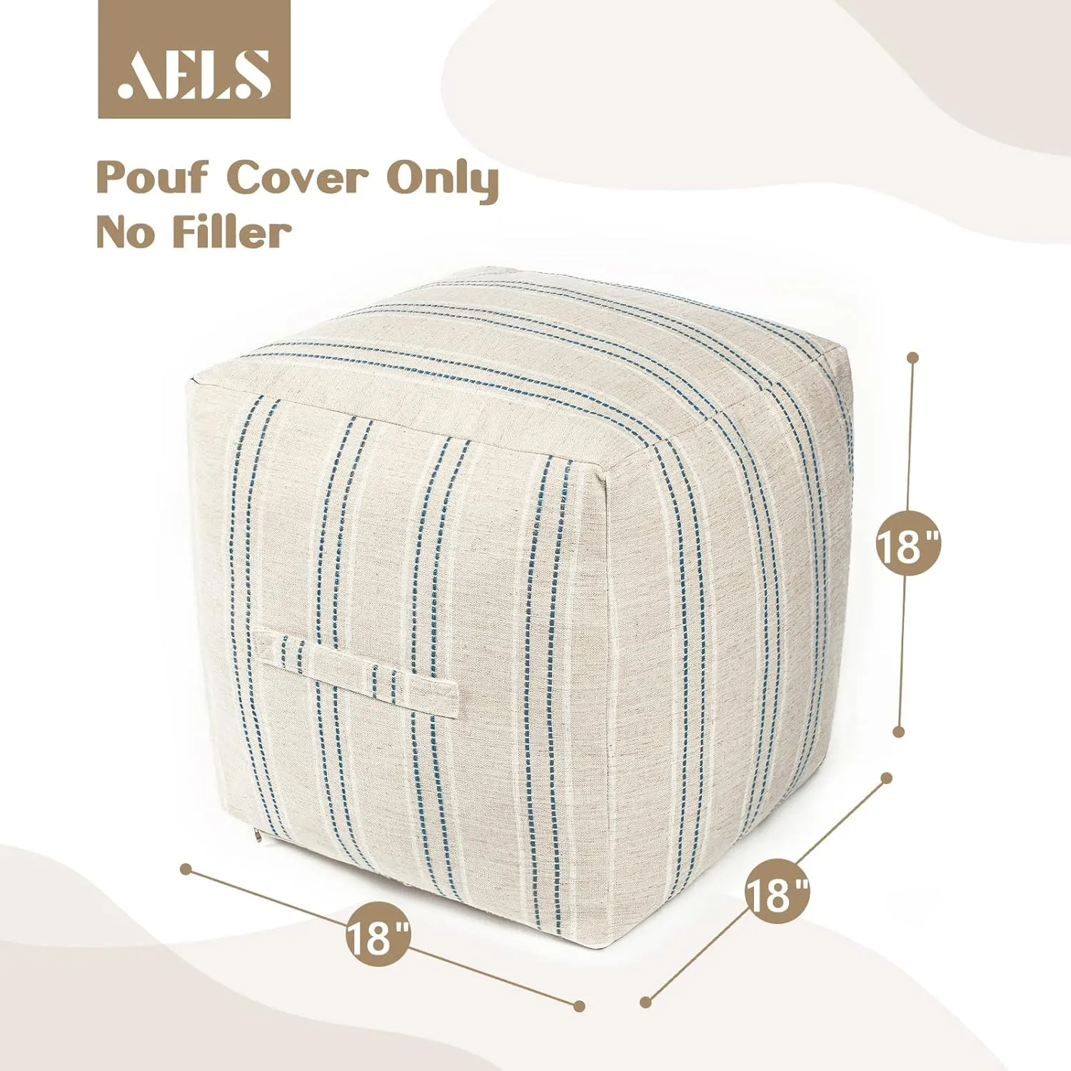 AELS Unstuffed Farmhouse Pouf Cover for Living Room, Boho Storage Bean Bag Cubes, Beige with Navy Blue Stitch Yarn Dyed Stripe Linen Square Ottoman Pouf Foot Rest Footstool, 18"x18"x18", Cover ONLY