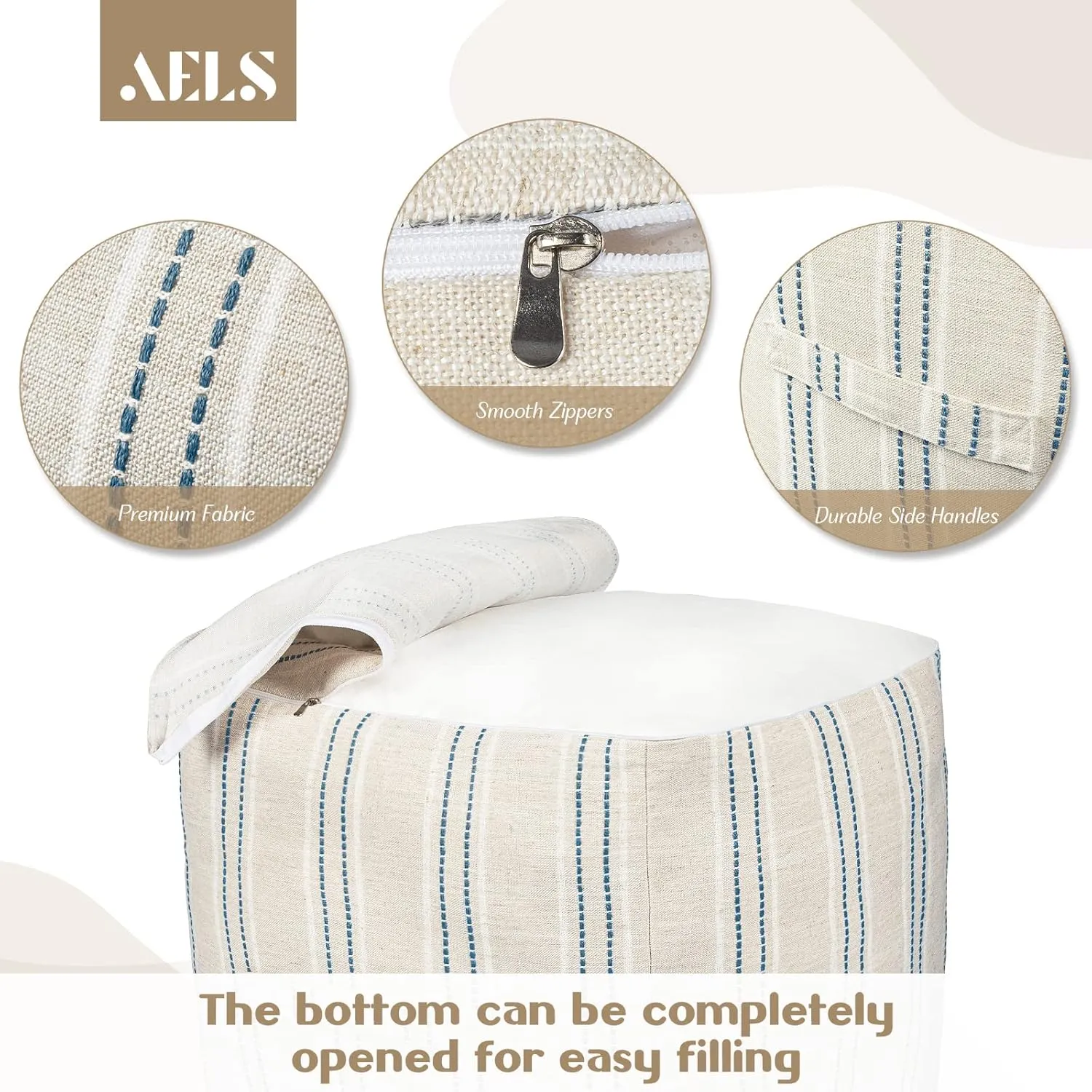 AELS Unstuffed Farmhouse Pouf Cover for Living Room, Boho Storage Bean Bag Cubes, Beige with Navy Blue Stitch Yarn Dyed Stripe Linen Square Ottoman Pouf Foot Rest Footstool, 18"x18"x18", Cover ONLY