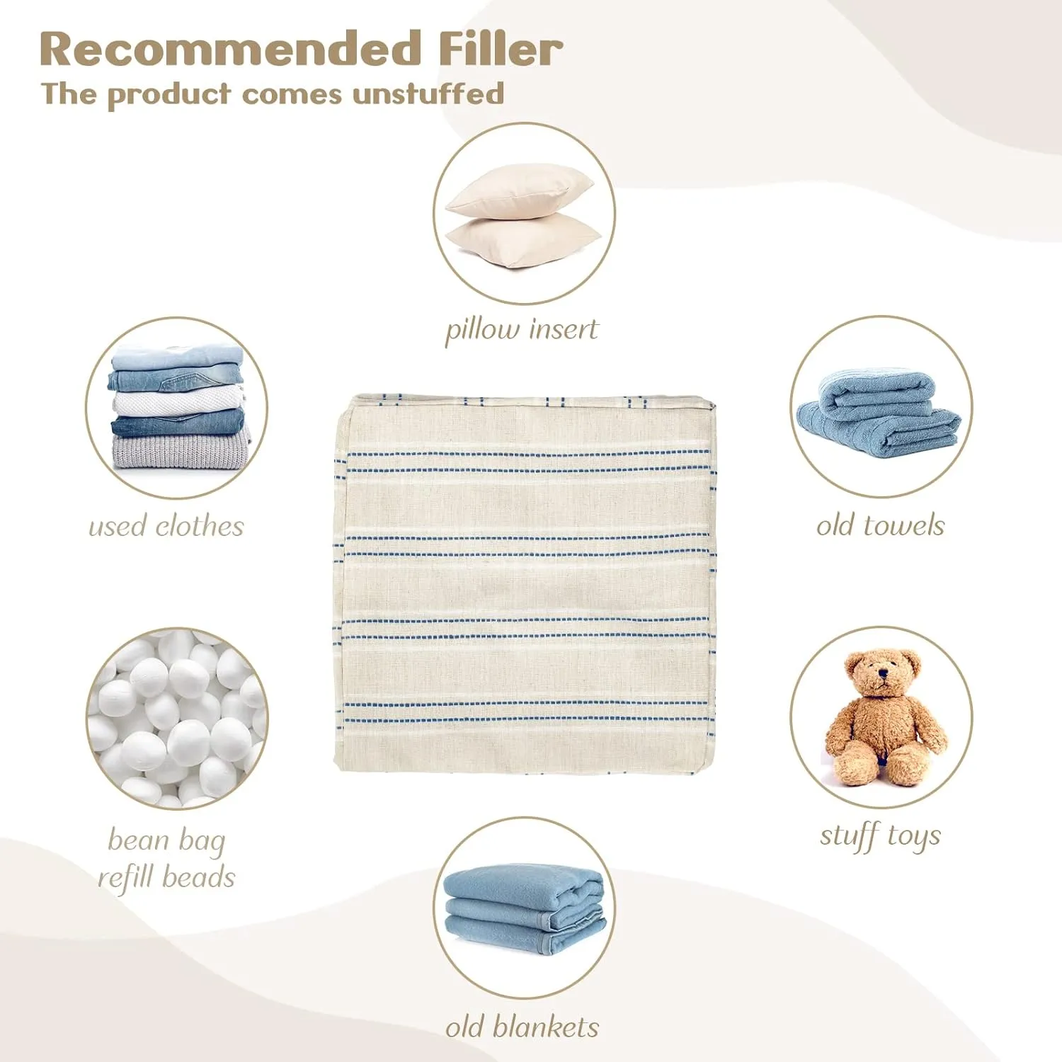 AELS Unstuffed Farmhouse Pouf Cover for Living Room, Boho Storage Bean Bag Cubes, Beige with Navy Blue Stitch Yarn Dyed Stripe Linen Square Ottoman Pouf Foot Rest Footstool, 18"x18"x18", Cover ONLY