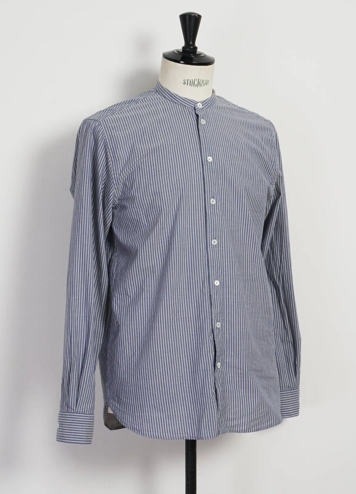 ANTE | Collarless Shirt | Small Blue Stripes