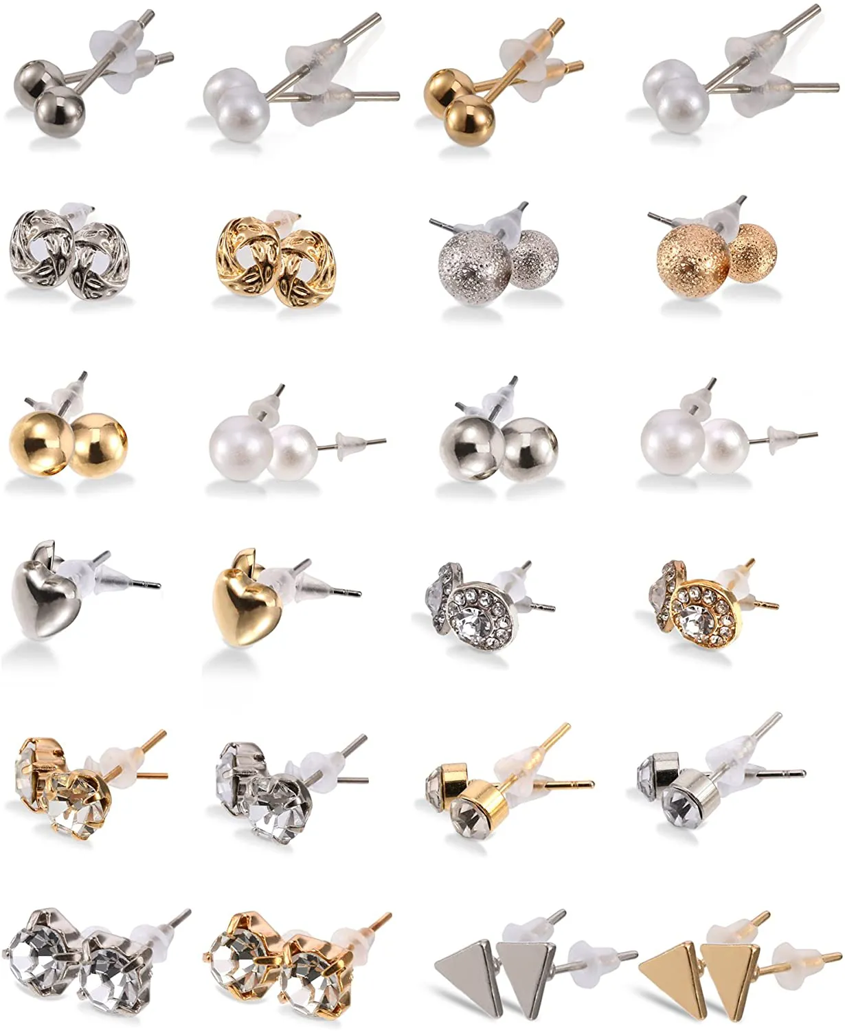BBTO 24 Pairs Stud Earrings Crystal Pearl Earring Set Ear Stud Jewelry for Girls Women Men, Silver and Gold