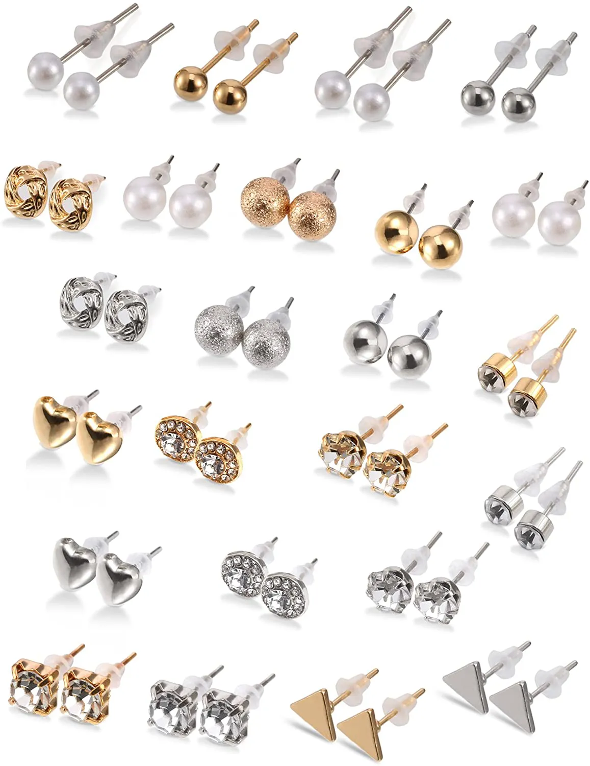 BBTO 24 Pairs Stud Earrings Crystal Pearl Earring Set Ear Stud Jewelry for Girls Women Men, Silver and Gold