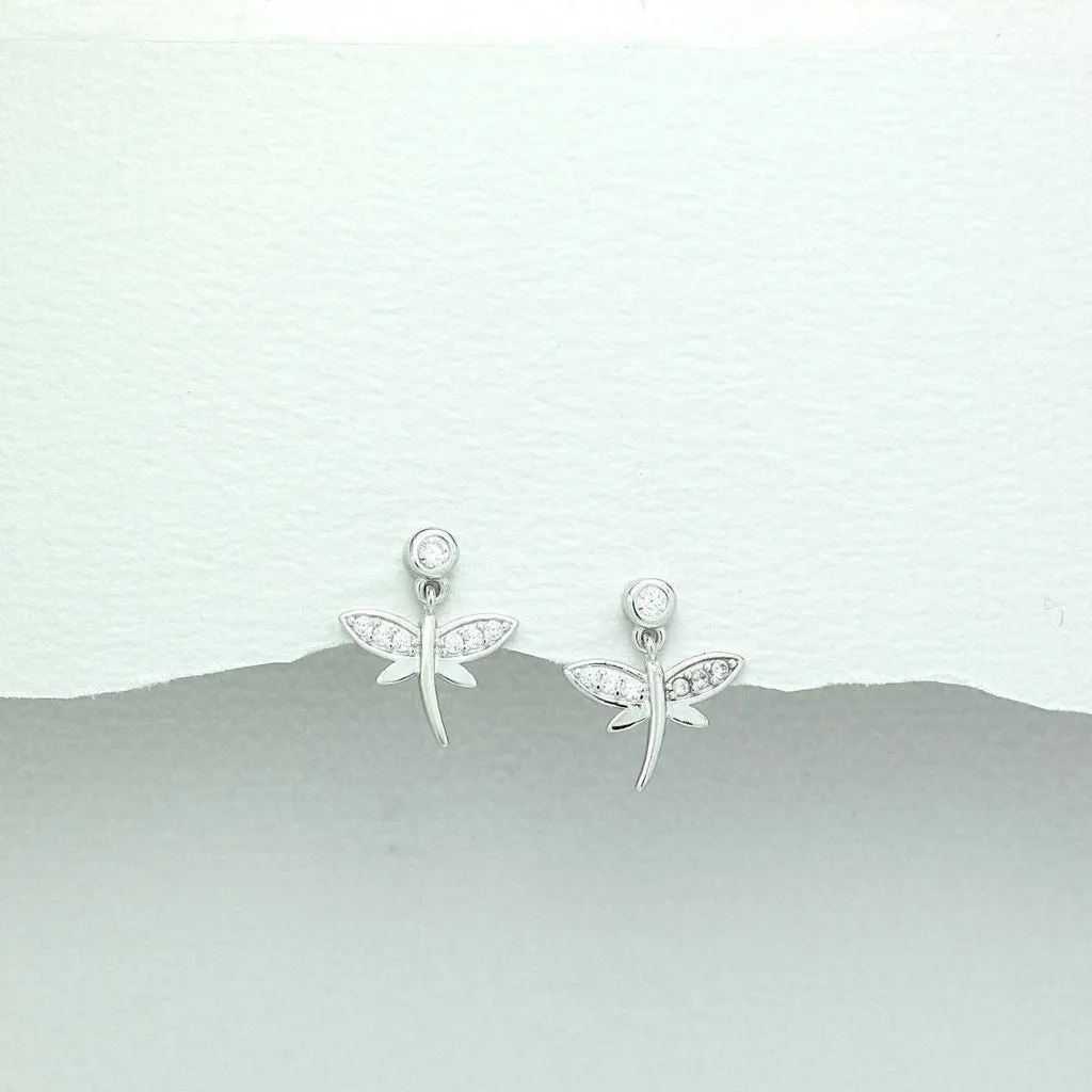 Children's Sterling Silver Drop Cubic Zirconium Dragonfly Earrings