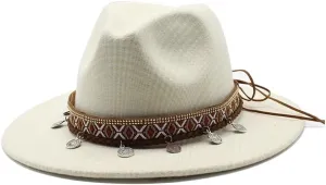 DHAEY Autumn and Winter Woolen British Vintage Jazz Hat, Large Brim National Style Wrapped Top Hat Tassels Belt Felt Hat Luopan Caps & Hats(Milk White)