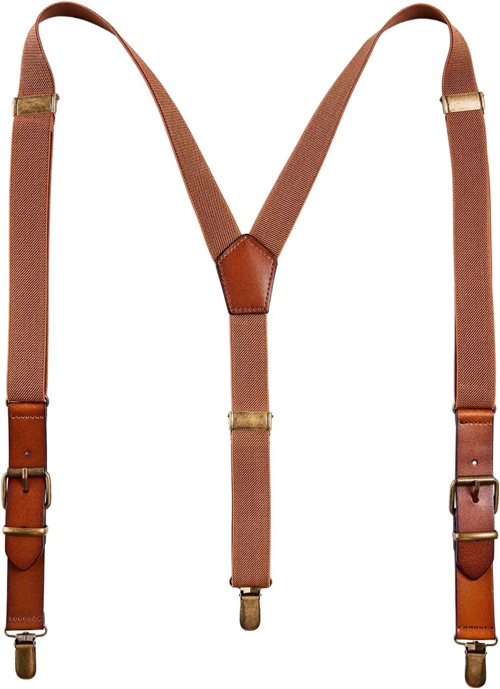 Elastic Genuine Leather Suspenders for Men - Y Back Adjustable Brown Mens Suspenders for Wedding & Groomsmen