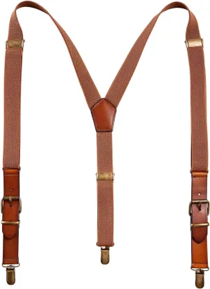 Elastic Genuine Leather Suspenders for Men - Y Back Adjustable Brown Mens Suspenders for Wedding & Groomsmen