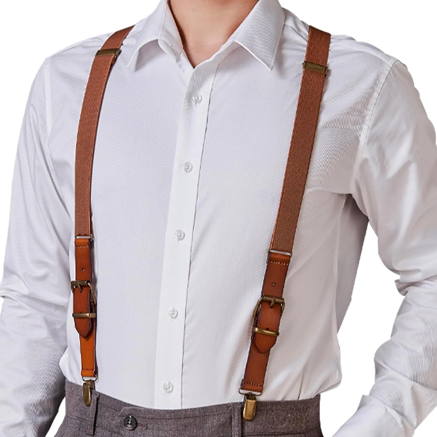 Elastic Genuine Leather Suspenders for Men - Y Back Adjustable Brown Mens Suspenders for Wedding & Groomsmen