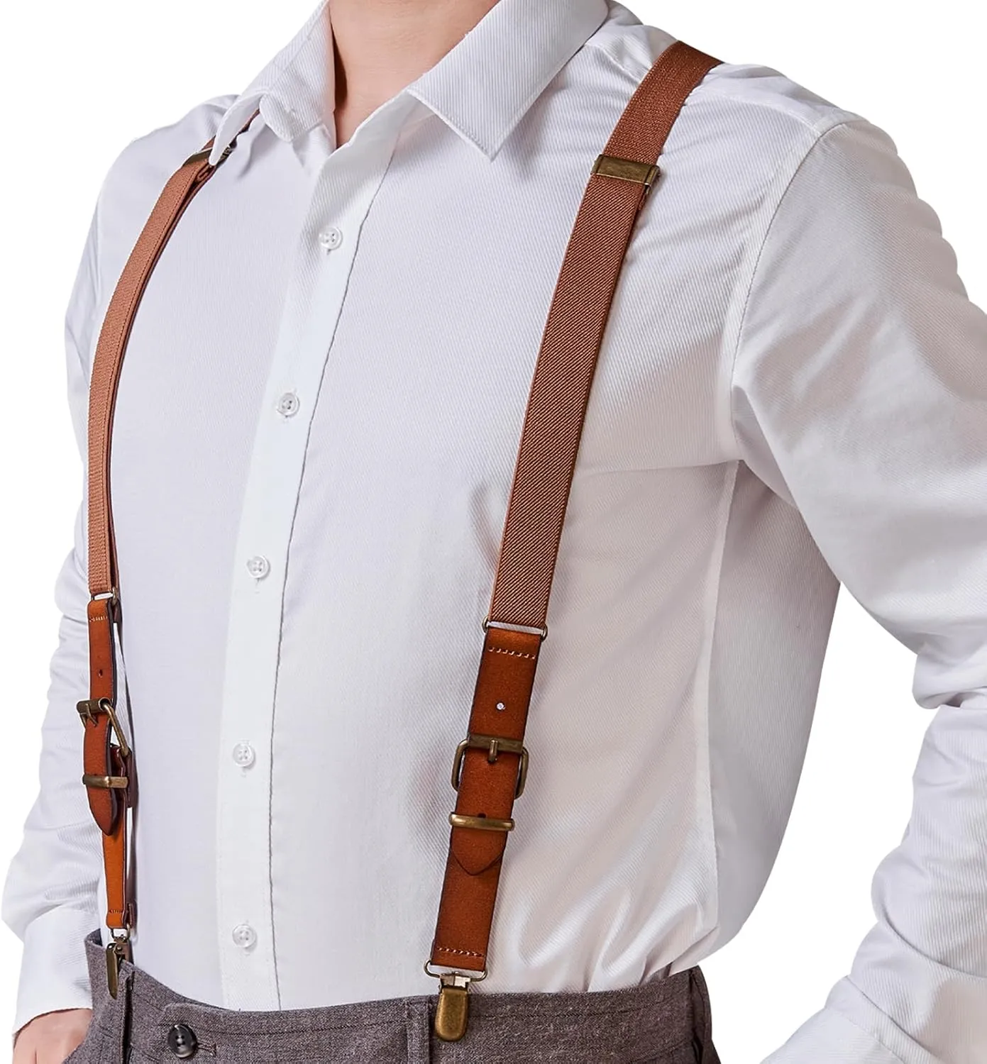 Elastic Genuine Leather Suspenders for Men - Y Back Adjustable Brown Mens Suspenders for Wedding & Groomsmen