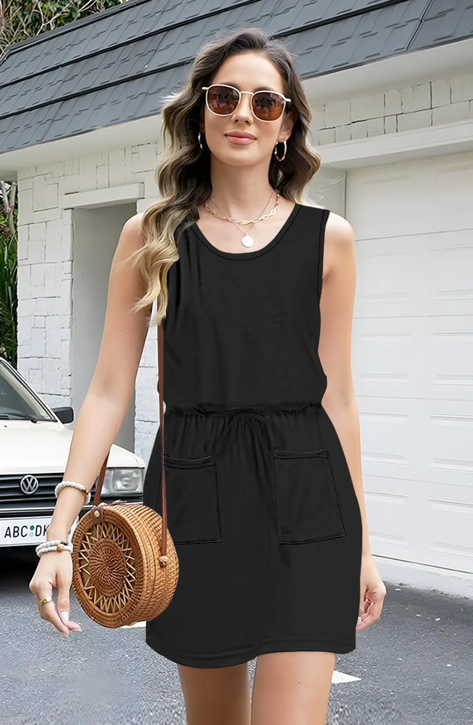 ETCYY NEW Womens Summer Striped Dresses Casual Sleeveless T Shirt Dress Drawstring Waist Sundress with Pockets
