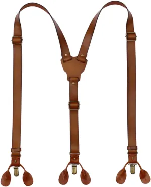 Genuine Leather Suspenders for Men Y Back Shape Adjustable Brown Wedding Groomsmen with Interchangeable Clips