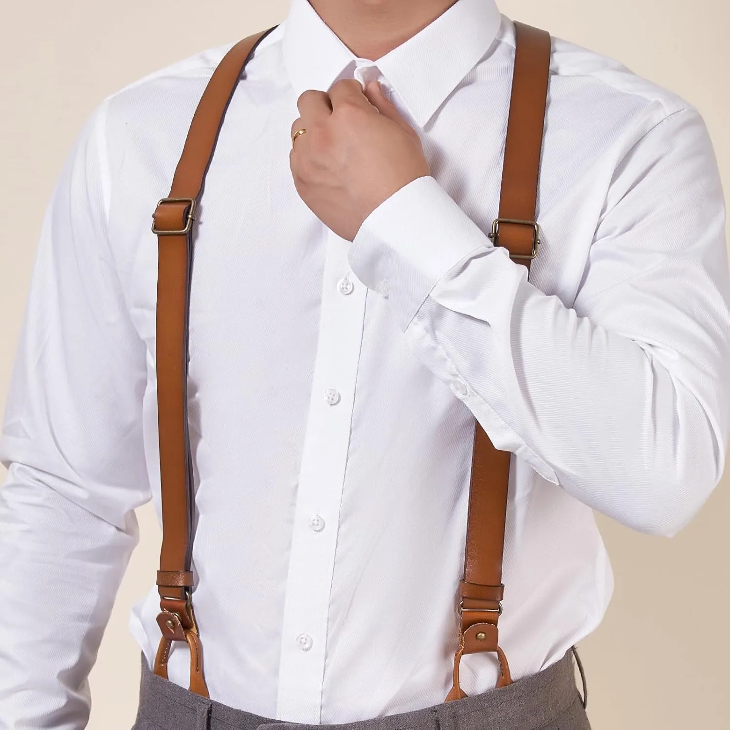 Genuine Leather Suspenders for Men Y Back Shape Adjustable Brown Wedding Groomsmen with Interchangeable Clips