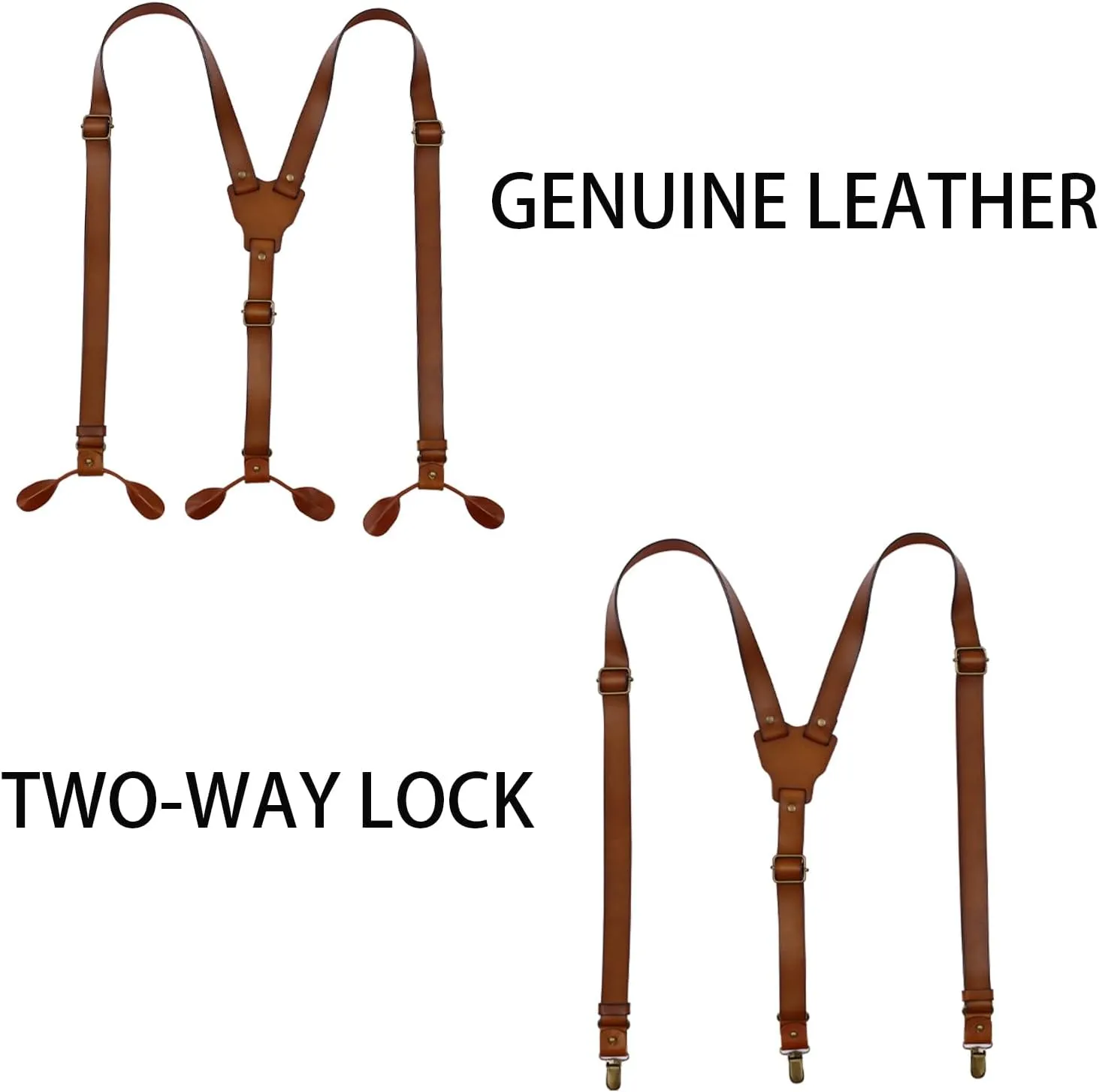 Genuine Leather Suspenders for Men Y Back Shape Adjustable Brown Wedding Groomsmen with Interchangeable Clips