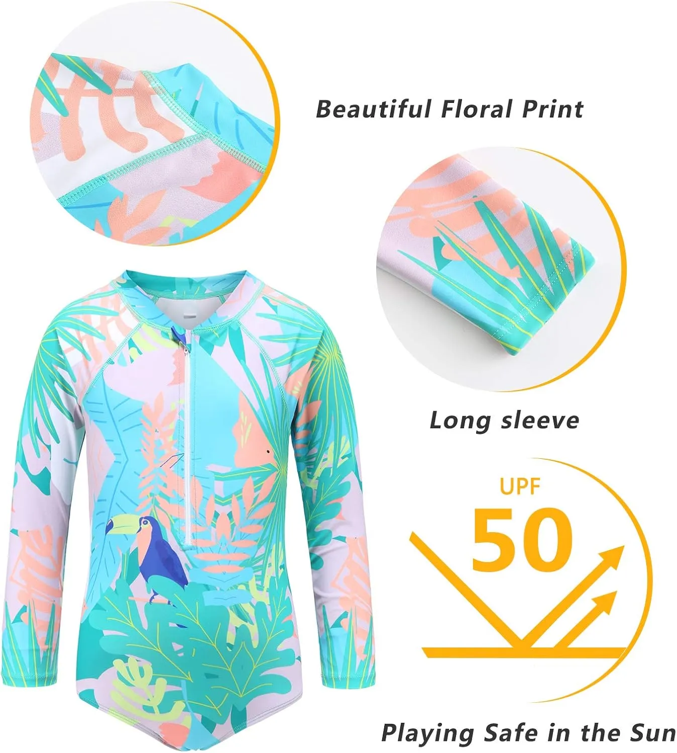 Girls Long Sleeve Rash Guard One Piece Swimsuit Kids UPF 50  Sun Protection Swimwear Rainbow Striped Bathing Suit 3-14 Years