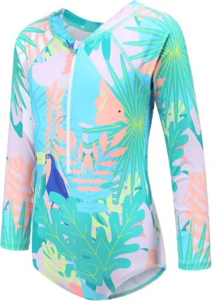 Girls Long Sleeve Rash Guard One Piece Swimsuit Kids UPF 50  Sun Protection Swimwear Rainbow Striped Bathing Suit 3-14 Years