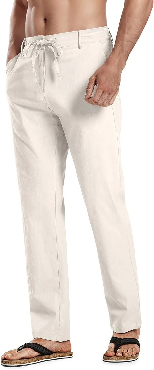 HOTake Men's Linen Dress Pants Casual Flat Front Linen Trousers Summer Beach Pants