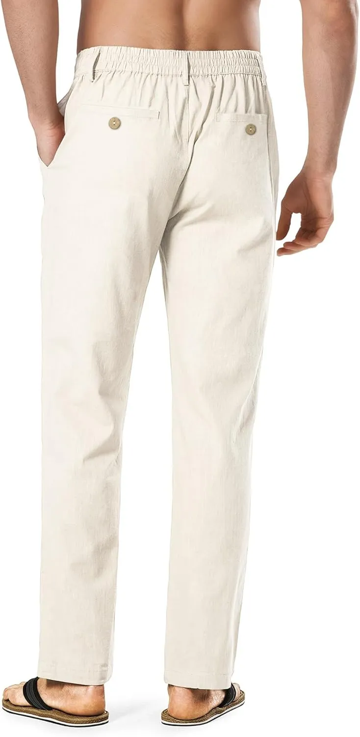 HOTake Men's Linen Dress Pants Casual Flat Front Linen Trousers Summer Beach Pants
