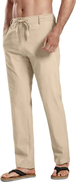 HOTake Men's Linen Dress Pants Casual Flat Front Linen Trousers Summer Beach Pants