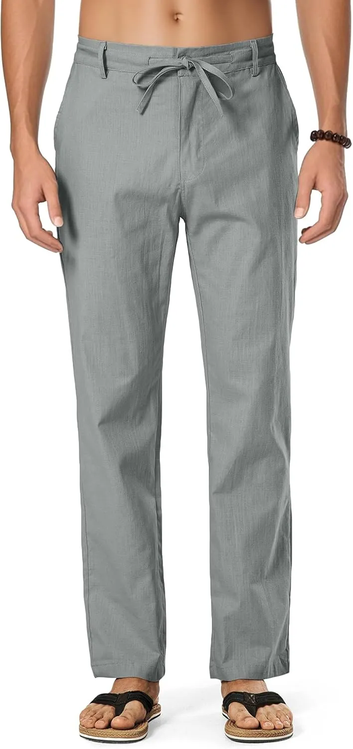 HOTake Men's Linen Dress Pants Casual Flat Front Linen Trousers Summer Beach Pants