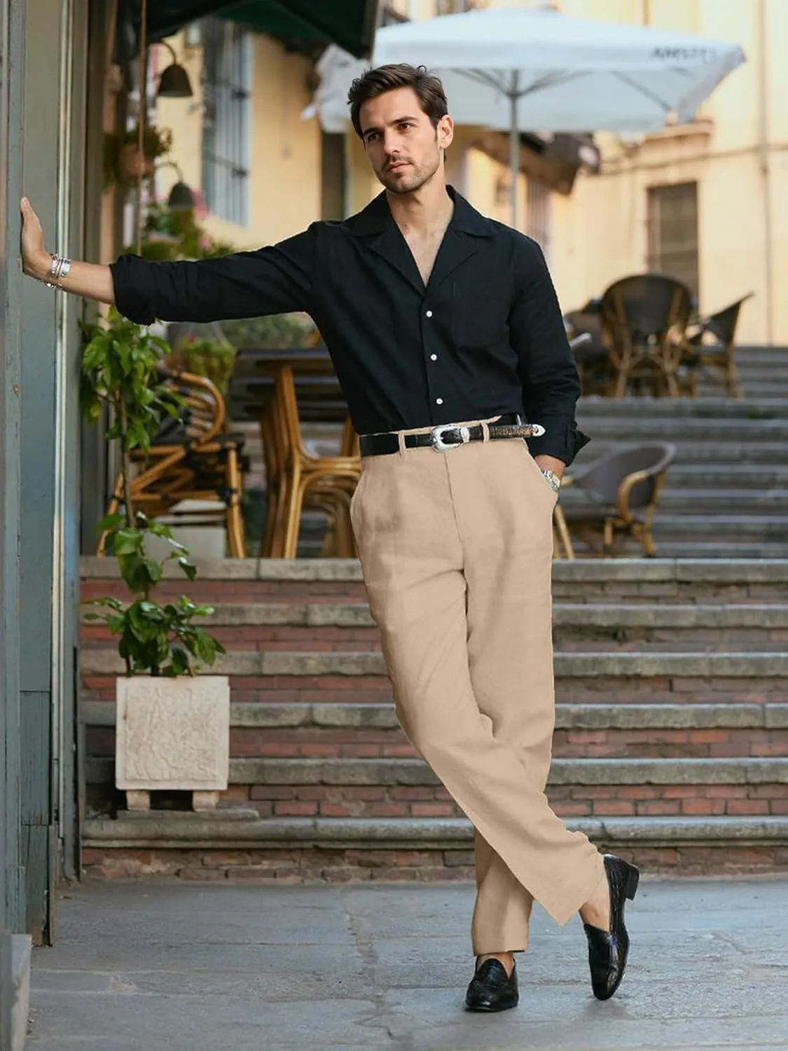 HOTake Men's Linen Dress Pants Casual Flat Front Linen Trousers Summer Beach Pants