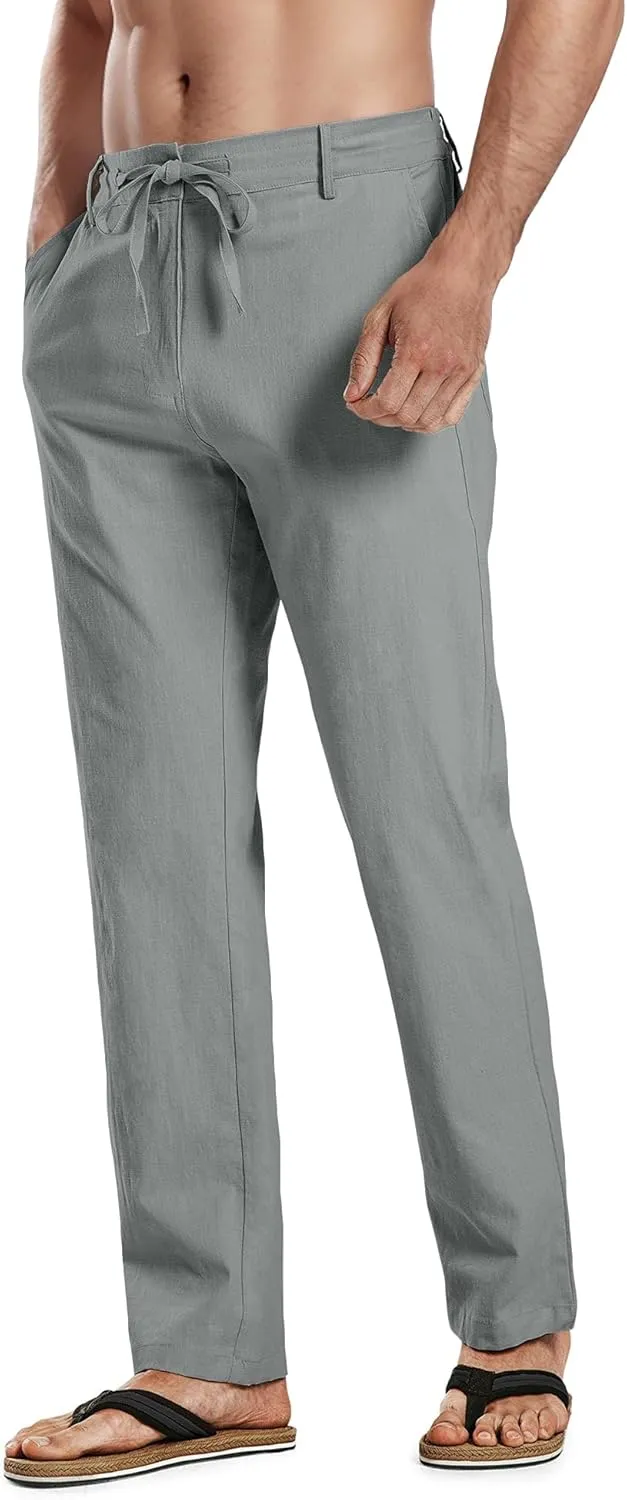 HOTake Men's Linen Dress Pants Casual Flat Front Linen Trousers Summer Beach Pants