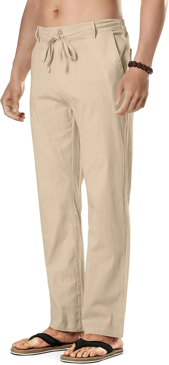 HOTake Men's Linen Dress Pants Casual Flat Front Linen Trousers Summer Beach Pants