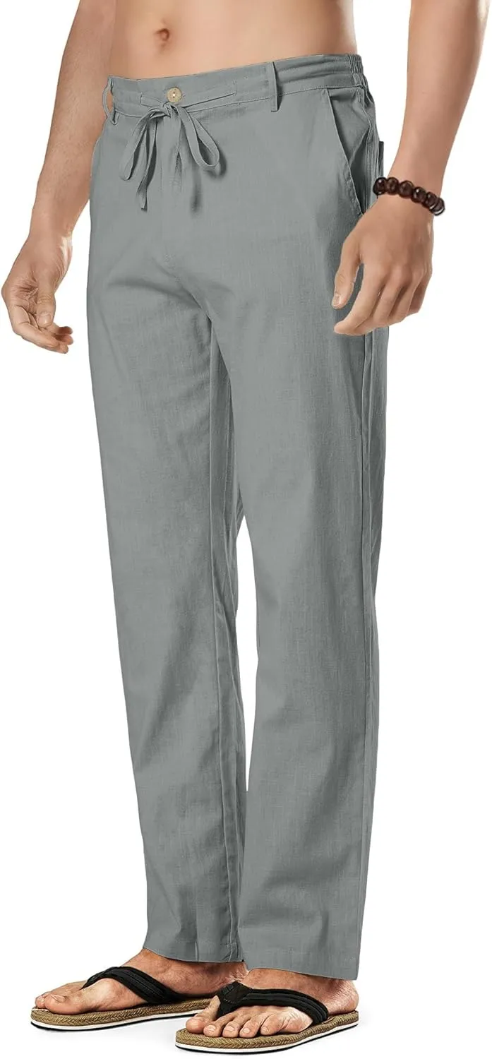 HOTake Men's Linen Dress Pants Casual Flat Front Linen Trousers Summer Beach Pants