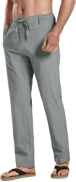 HOTake Men's Linen Dress Pants Casual Flat Front Linen Trousers Summer Beach Pants