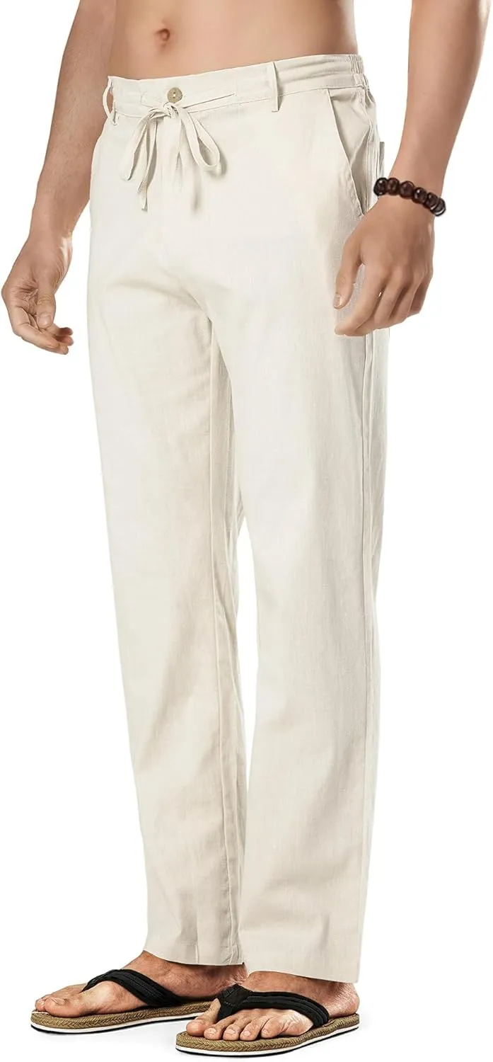 HOTake Men's Linen Dress Pants Casual Flat Front Linen Trousers Summer Beach Pants