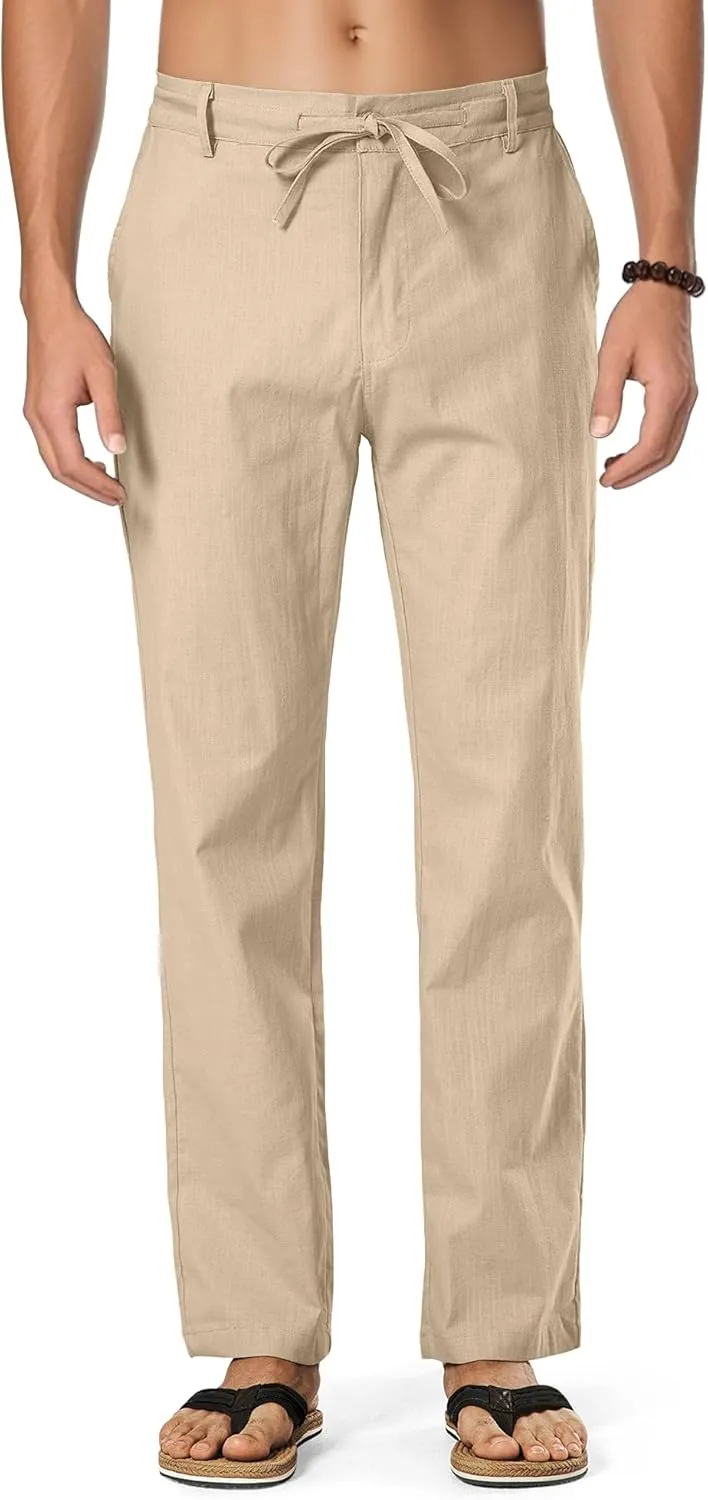 HOTake Men's Linen Dress Pants Casual Flat Front Linen Trousers Summer Beach Pants