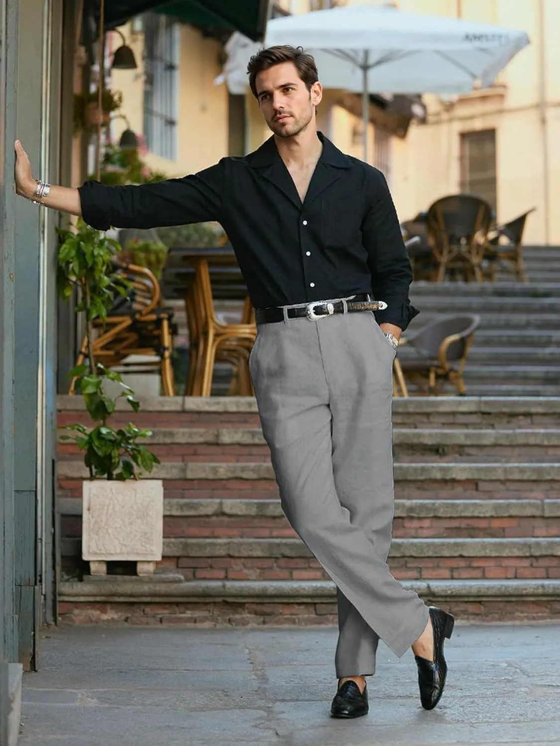 HOTake Men's Linen Dress Pants Casual Flat Front Linen Trousers Summer Beach Pants