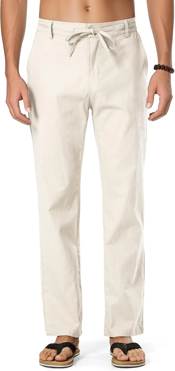HOTake Men's Linen Dress Pants Casual Flat Front Linen Trousers Summer Beach Pants