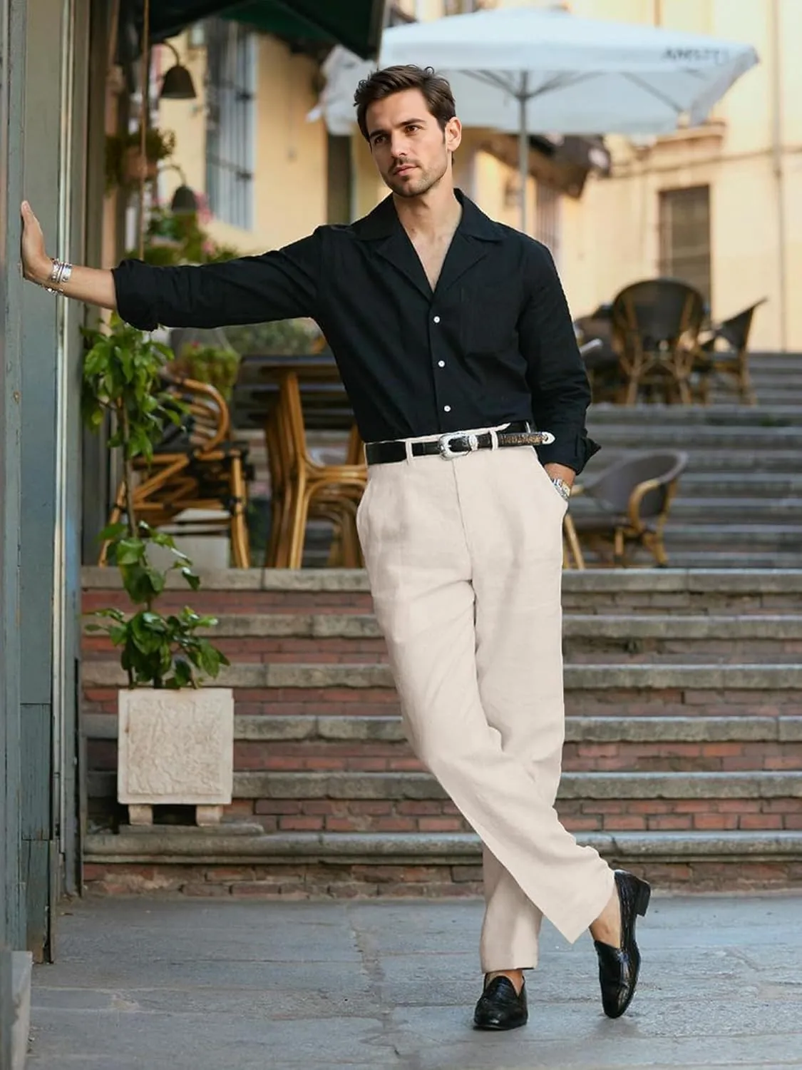 HOTake Men's Linen Dress Pants Casual Flat Front Linen Trousers Summer Beach Pants