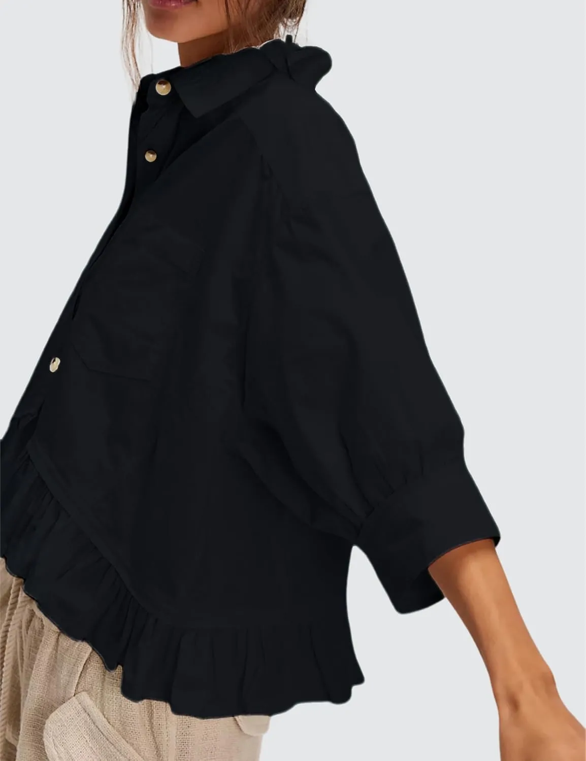 InterNos Womens Striped 3/4 Sleeve Blouse Loose V Neck Button Down Ruffled Hem Vertical Shirt Top with Pocket