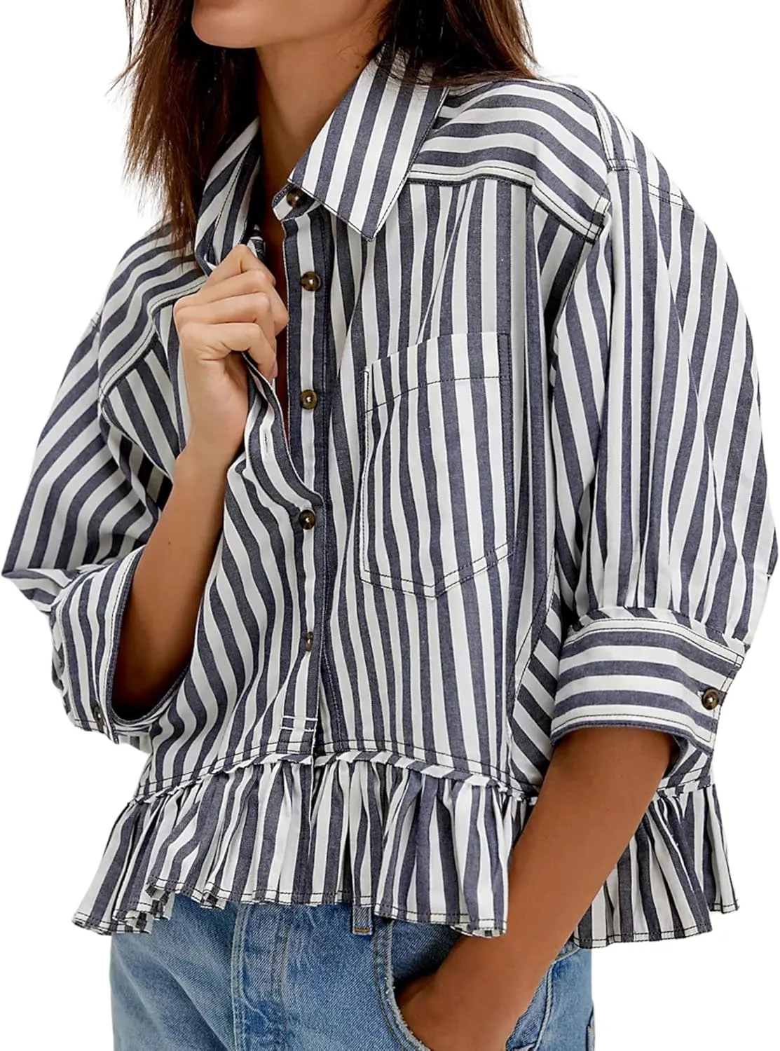 InterNos Womens Striped 3/4 Sleeve Blouse Loose V Neck Button Down Ruffled Hem Vertical Shirt Top with Pocket