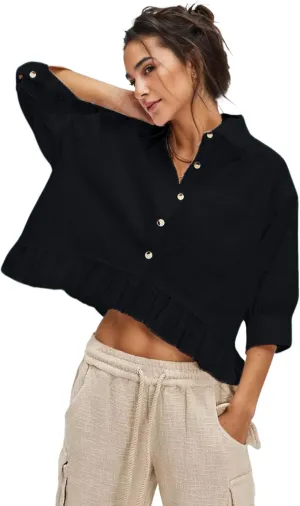 InterNos Womens Striped 3/4 Sleeve Blouse Loose V Neck Button Down Ruffled Hem Vertical Shirt Top with Pocket