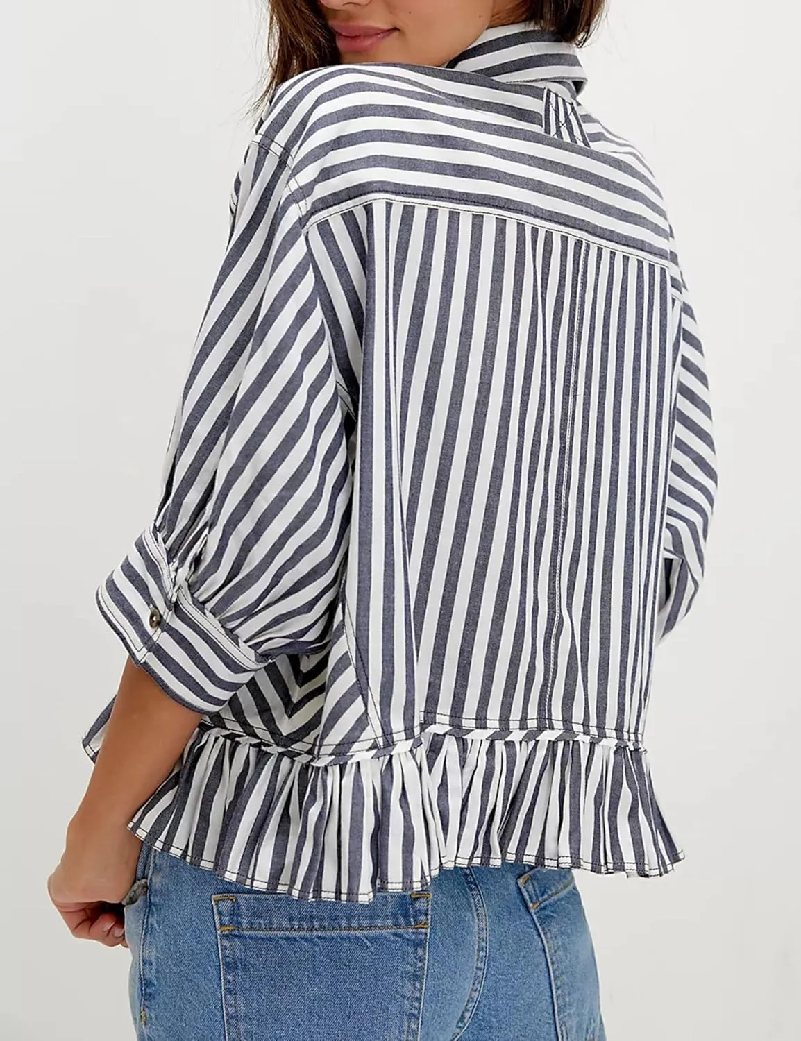 InterNos Womens Striped 3/4 Sleeve Blouse Loose V Neck Button Down Ruffled Hem Vertical Shirt Top with Pocket