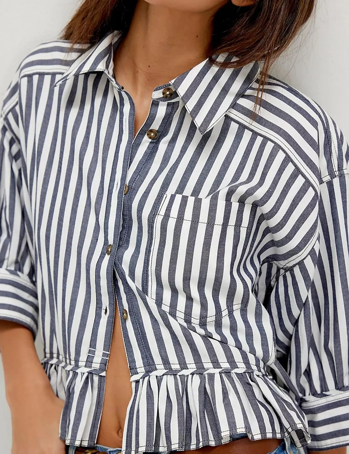 InterNos Womens Striped 3/4 Sleeve Blouse Loose V Neck Button Down Ruffled Hem Vertical Shirt Top with Pocket