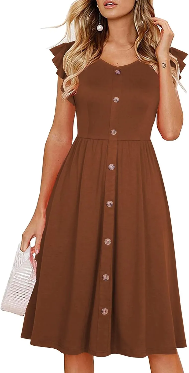 Lamilus Women's Casual Summer Dresses 2025 Ruffle Sleeves V-Neck Button Down Midi Swing Party Dress