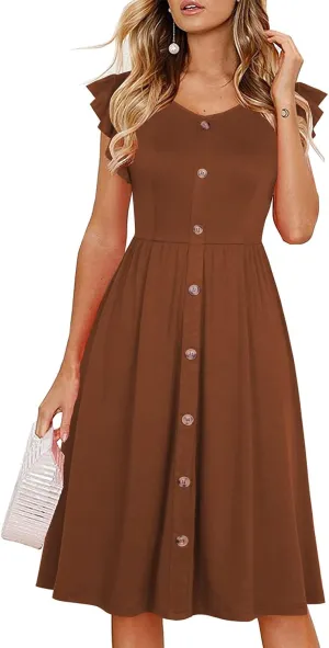 Lamilus Women's Casual Summer Dresses 2025 Ruffle Sleeves V-Neck Button Down Midi Swing Party Dress